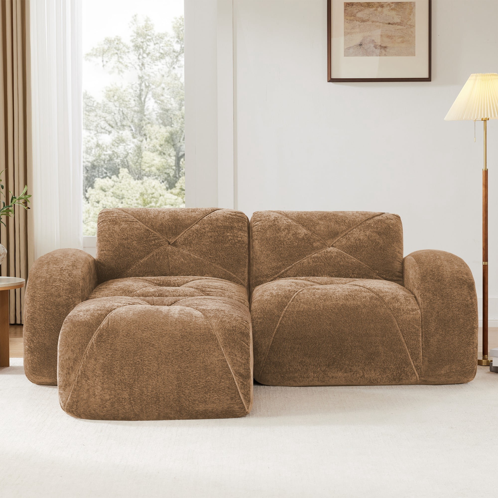 L-Shaped Boneless Sofa, Soft Velvet Fabric, Tufted Design, 32D High Density Sponge, No Assembly Required, Ergonomic Design Bottom, Anti-Slip Design, Movable Ottoman for Bedrooms (Camel)