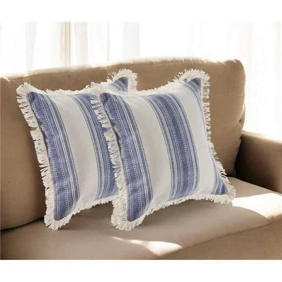 HomeRoots 554604 18 in. Blue & Cream Cotton Throw Pillows with Fringe - Set of 2