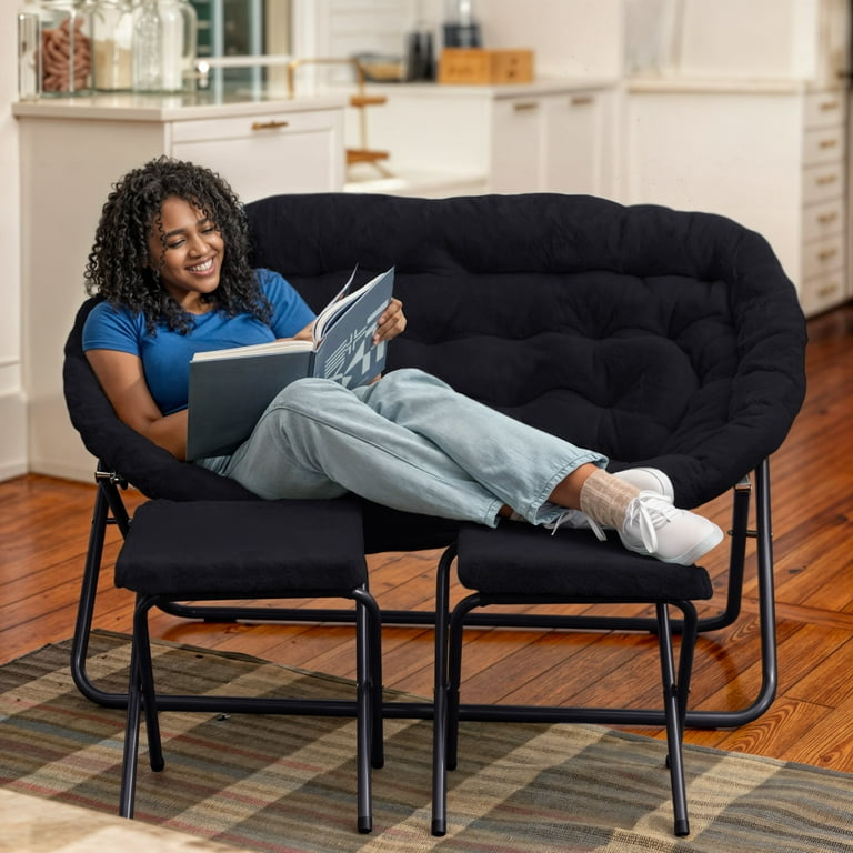Emma + Oliver Folding Double Saucer Chair with 2 Ottomans Black