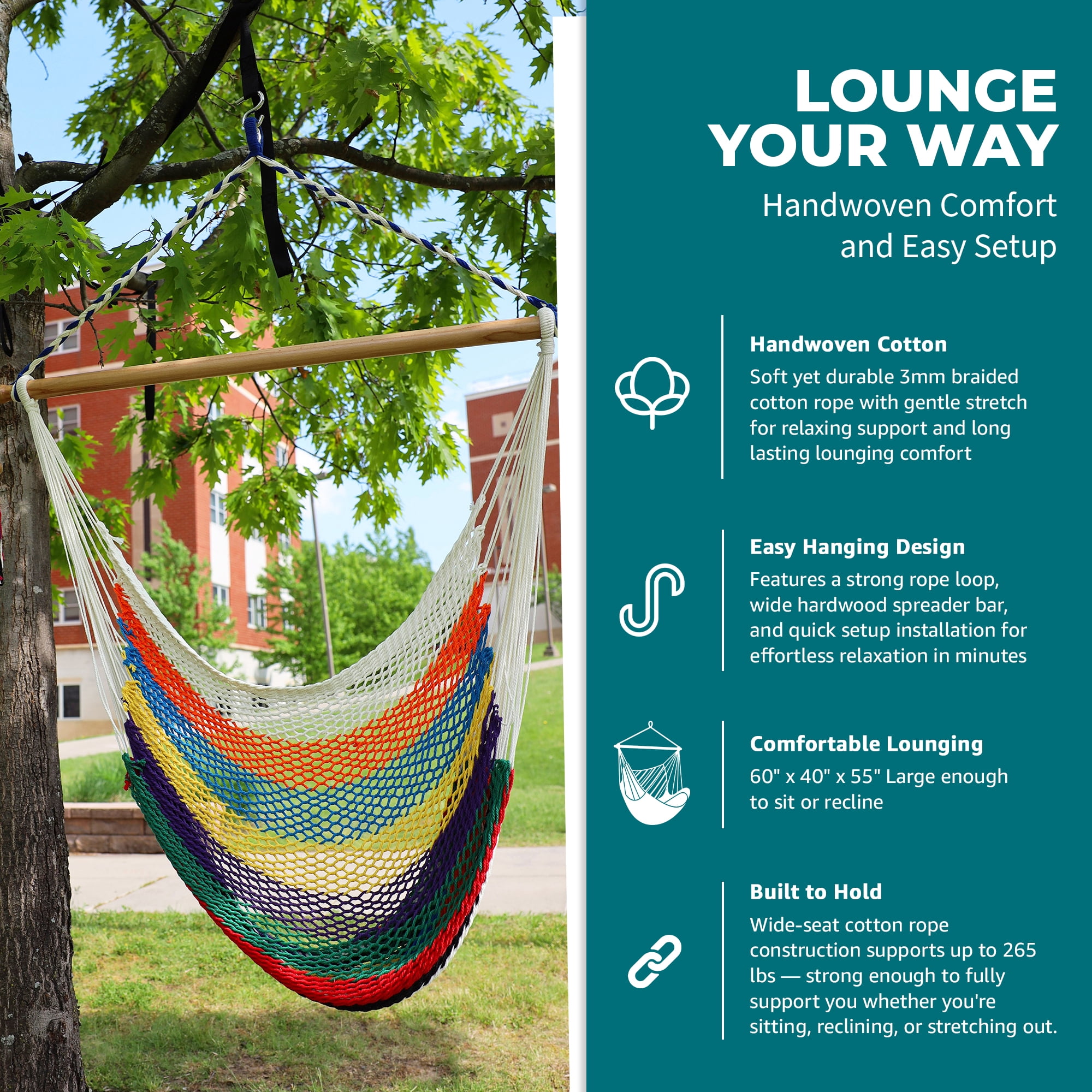 Bliss Hammocks Island Rope Hammock Chair W/ Spreader Bar - Multi-Color, 60" L x 40" W