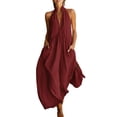 thumbnail image 3 of Women's Plunge Halter Sleeveless Pleated Long Romper Knit Jogger Maxi Jumpsuit with Pockets for Summer Beach Vacation Casual Daily Wear Wine S, 3 of 4
