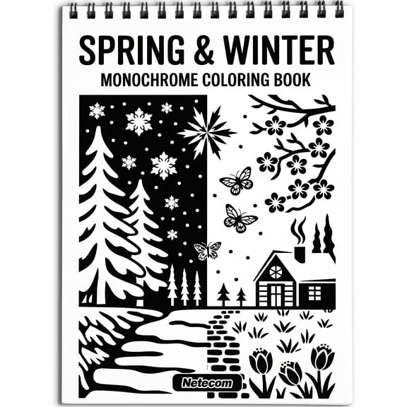 Spring & Winter Monochrome Coloring Book Spiral Bound for Adults, Softcover, Relaxing One-Color Illustrations with Blossoms, Trees, and Seasonal Landscapes for Mindfulness, Stress Relief