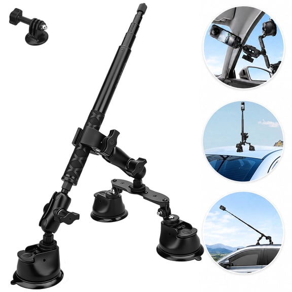 EEEkit Triple Suction Cup Car Mount Fit for Insta360 X5/X4, GoPro, Insta360, DJI Osmo, Action Camera Mount Kit with 44.9 in Extendable Selfie Stick