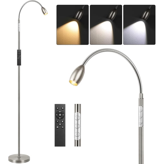 Reading Floor Lamp, 72" Tall LED Lamp with Flexible Gooseneck, Dimmable Zoomable Spotlight, Adjustable Color Beam Standing Lamp, Touch & Remote Control, Task Craft Bedroom Living Room (Brushed Nickel