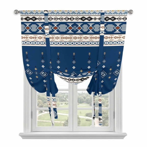 Navy Blue Boho Balloon Curtains 63 Inch Length for Living Room/Bedroom, Vintage Ethnic Tribe Abstract Art Rod Pocket Privacy Door Curtains Decorative Tie Up Shade for Window 52"x63"