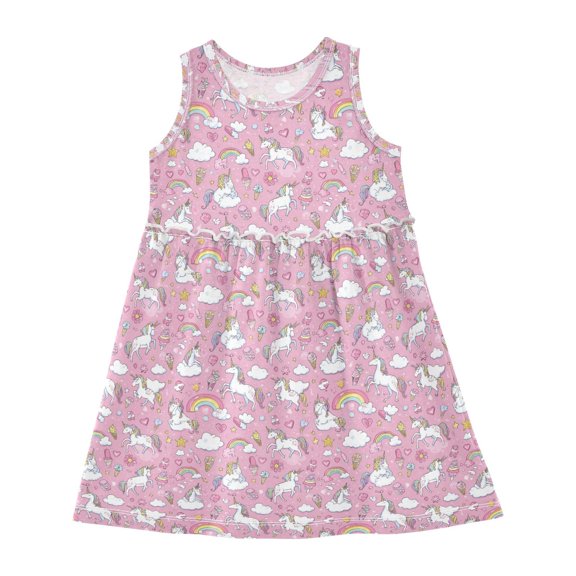 Girls Dress Unicorn White Fun Sleeveless Dress for Girls Hem A-Line Casual Sundress