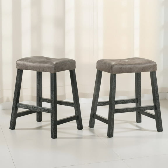 Dining Chairs Rustic Backless Counter Stool Set of 2 – 25 Inch Wooden Farmhouse Barstool with Brown Leather Seat, Distressed Finish & Sturdy Frame – Space-Saving Counter-Height Seating for Kitchen &