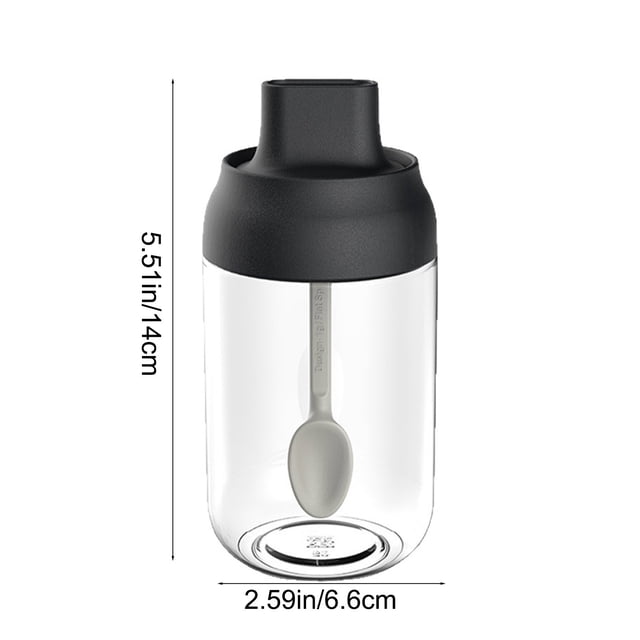 Bocal à Épices en Verre avec Couvercle Hermétique et Cuillère Intégrée 5,51 Po x 2,6 Po x 2,6 Po Couvercle en Résine Noire Récipient en Verre Transparent