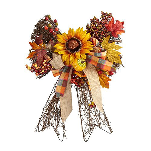 Northeast Home Goods Twig Bow Hanger Wreath with Yellow Sunflower 