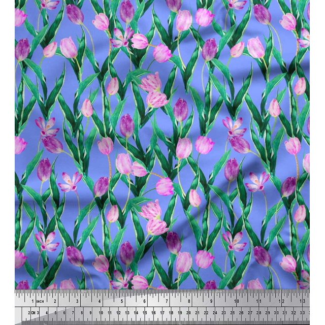 Soimoi Polyester Crepe Fabric Leaves & Tulip Floral Print Sewing Fabric Yard 52 Inch Wide