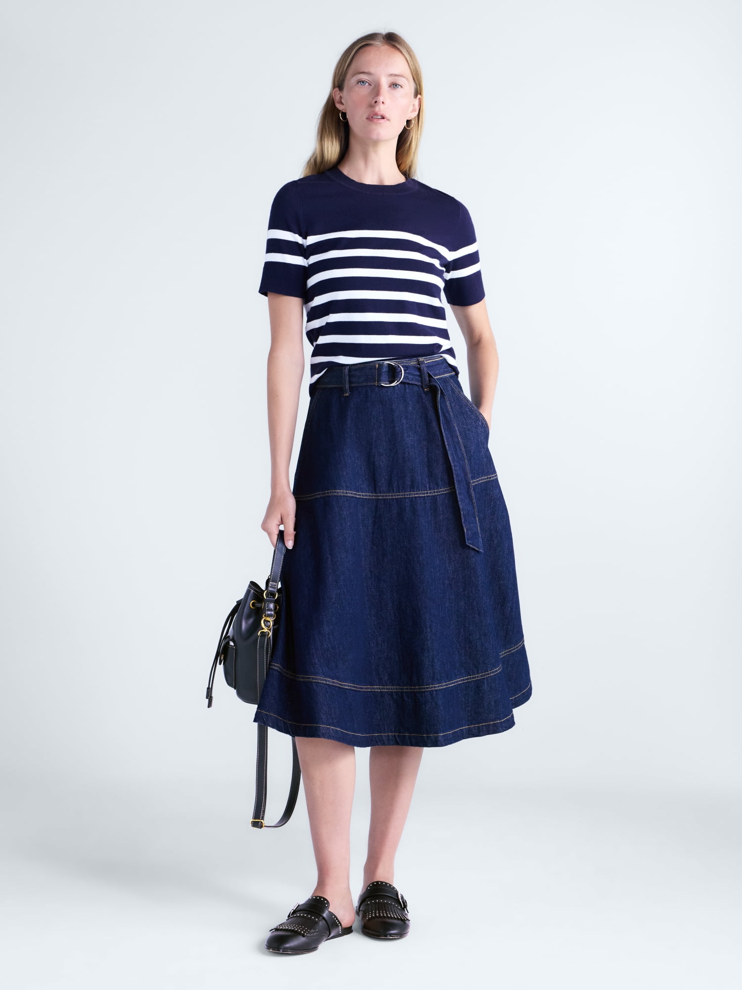 Free Assembly Women's Belted Denim Panel Skirt, Sizes 0-20