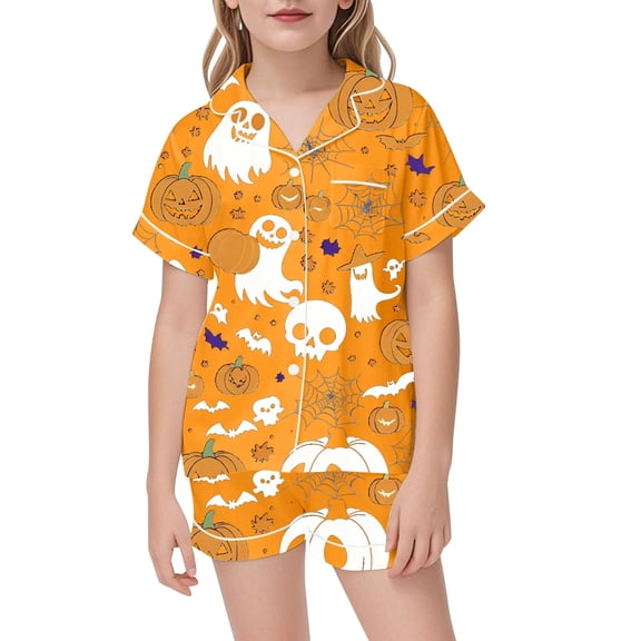 Shadoumai Summer Silk Halloween Pajamas Button Down Pjs Graphic Print Short Sleeve Button Shirt Shorts Pajama Set Satin Teens' Sleepwear Two-Piece Pj Sleepwear Sets