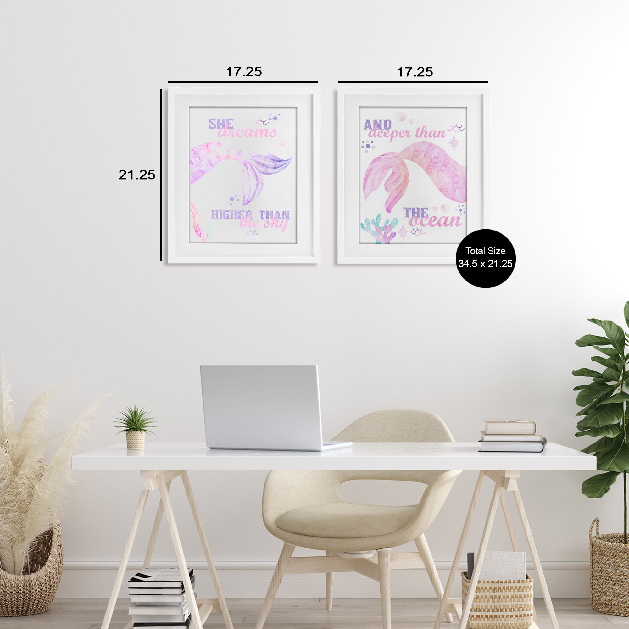 Mermaid Dreams Ocean & Sky 2 Piece White Framed Print Under Glass Set, design by Kim Allen