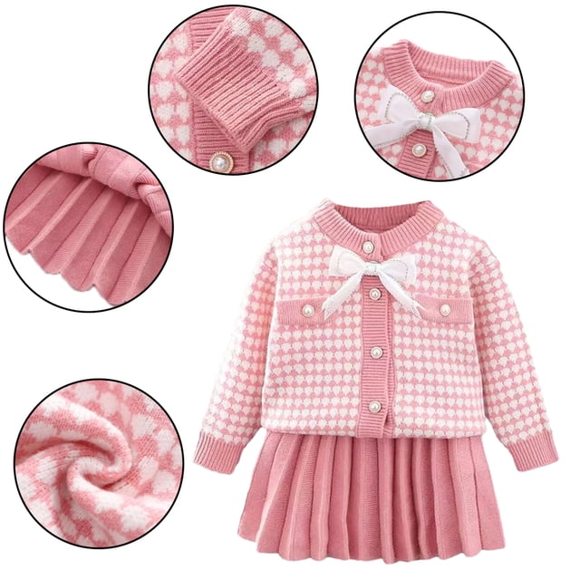 KYAIGUO Toddler Baby Spring Autumn Clothes for Girls Plaid Crochet Button up Knit Sweater Dress Set 2PCS Long Sleeve Ruffle Bowknot Sweater Tops+pleated Mini Tutu Skirt Outfit for 1-6 Years