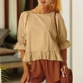 thumbnail image 2 of Women's Cotton Linen Tshirts Trumpet Half Sleeve Solid Color Casual Tunic Tops Crewneck Ruffle Loose Basic Tee Blouses, 2 of 7