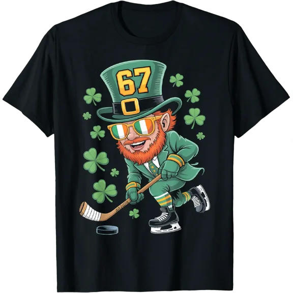 Leprechaun 67 Playing Hockey St Patricks Day Sport Mens Boys T-Shirt All Size S-5Xl