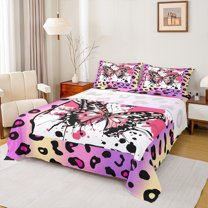 Manfei Chic Moth Butterfly Queen Sheet Sets,Purple Leopard Print Flat Sheet,Pink Splatter Ink Queen Fitted Sheet For Girl Kids,Ultra Soft Home Decor,4pcs