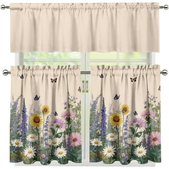 Daisy Lavender Butterflies Kitchen Curtains Set for Farmhouse 3 Piece Rod Pocket Short Tier Curtain Sunshine Light Blocking,54"x36"