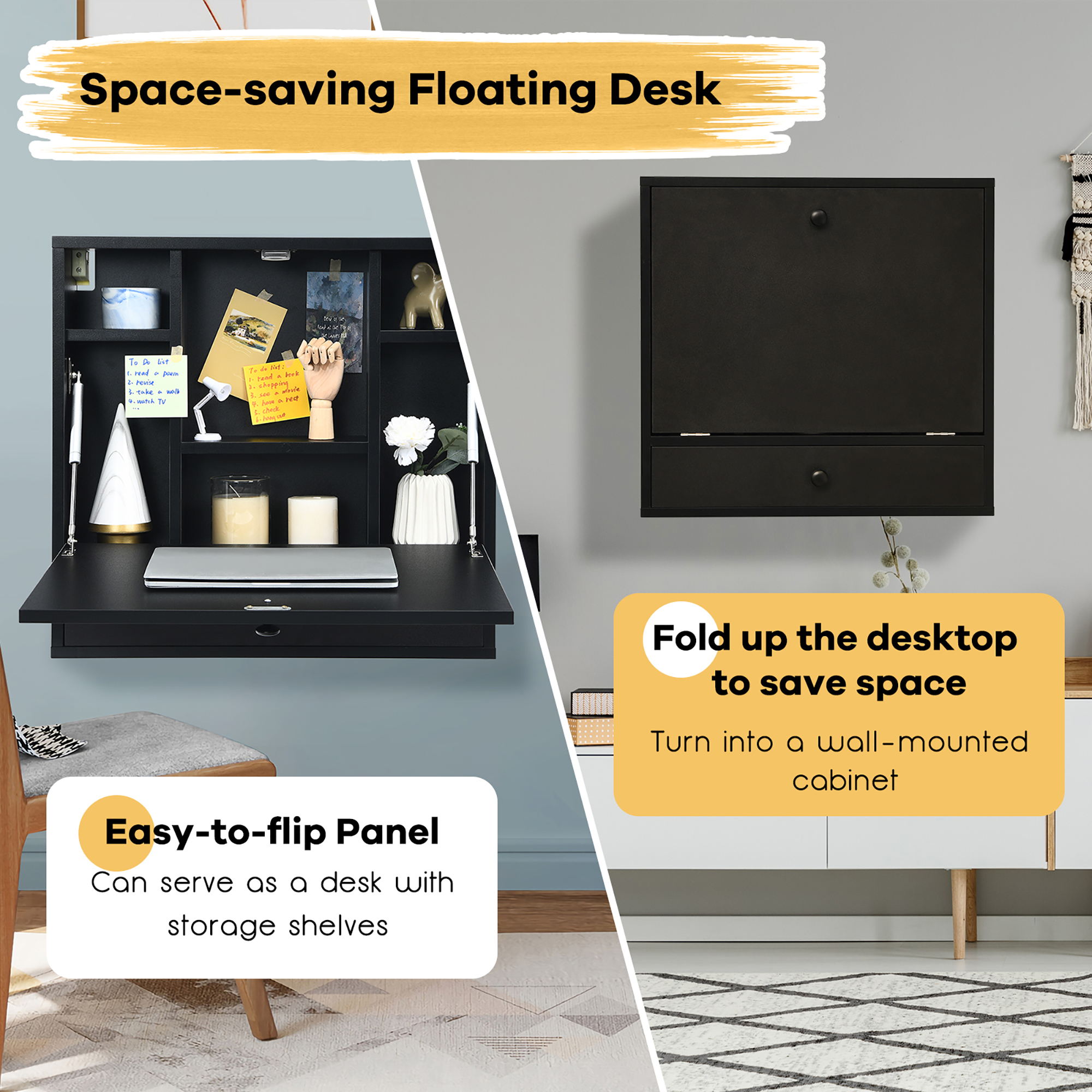 Costway Wall-Mount Floating Desk Foldable Space Saving Laptop Workstation Black