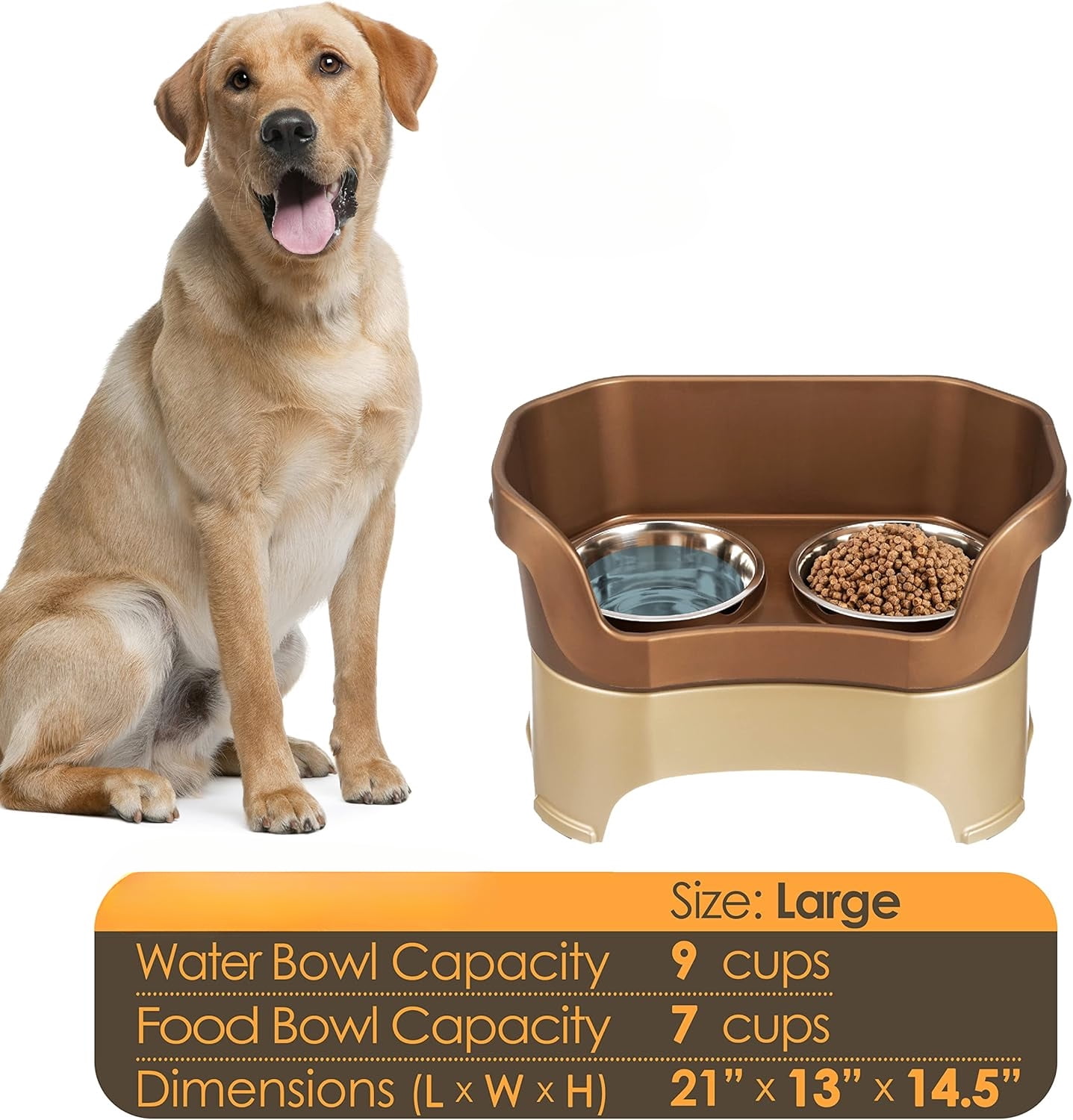 Mess Proof Dog Bowls Elevated for Large Dogs Over 40 lbs, No Spill Raised Dog Food Bowl Stand Feeding Station, Food and Water Bowl Set, Bronze