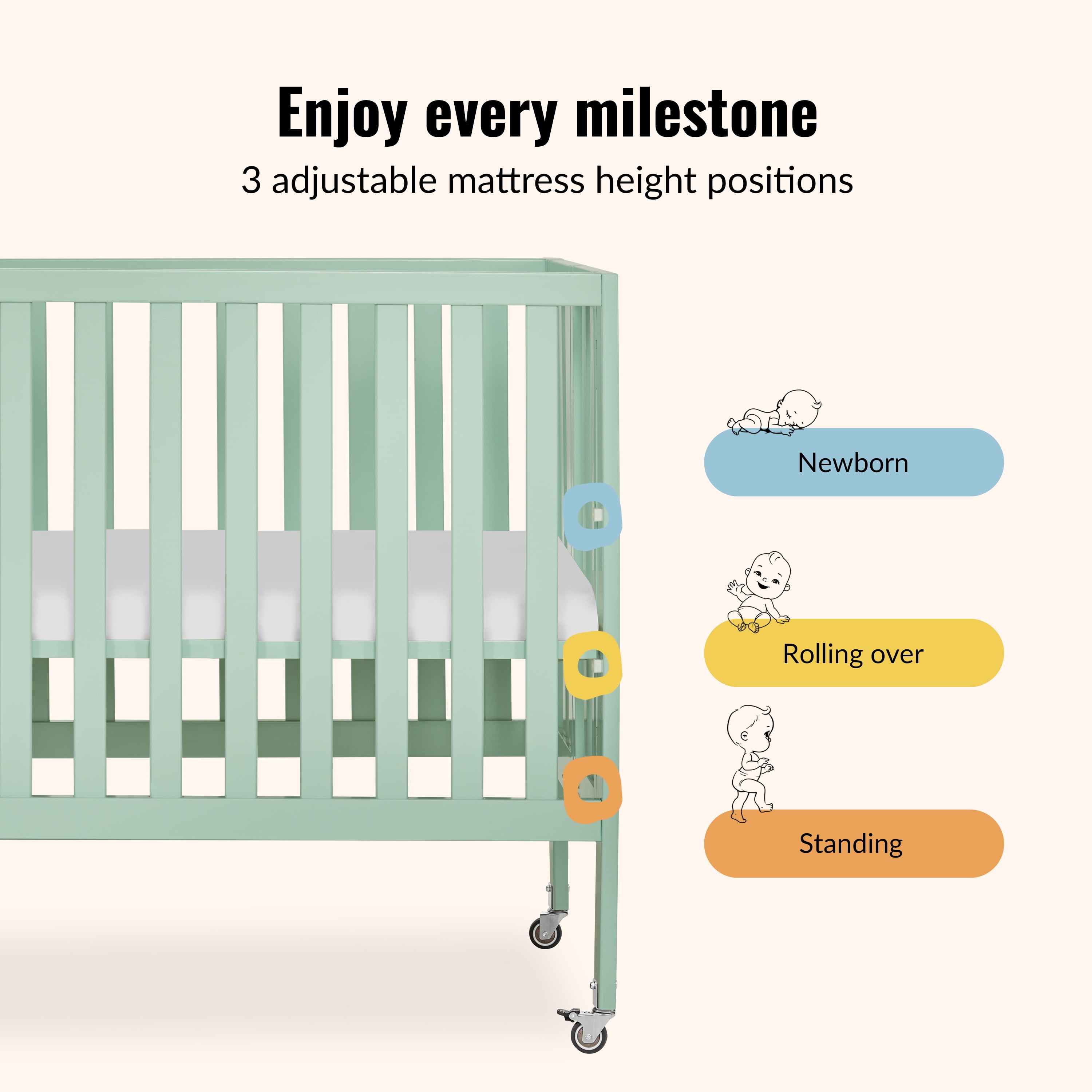 Dream On Me Jett Non-Full Size Folding Crib I Removable Wheels I Modern Nursey I Adjustable Mattress Support I Patent Folding System I Included 2.5” Mattress In Mint