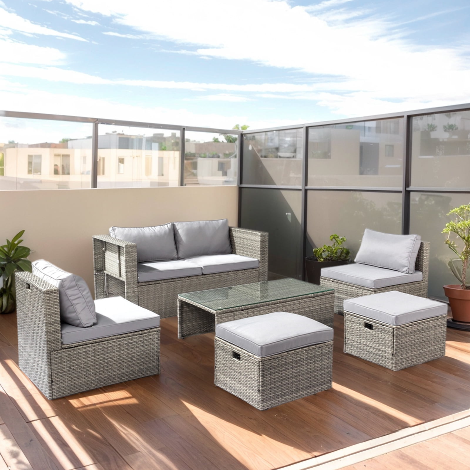 Ktaxon 7-Piece Modular Patio Sectional Set, All-Weather Rattan Set Grey Cushions