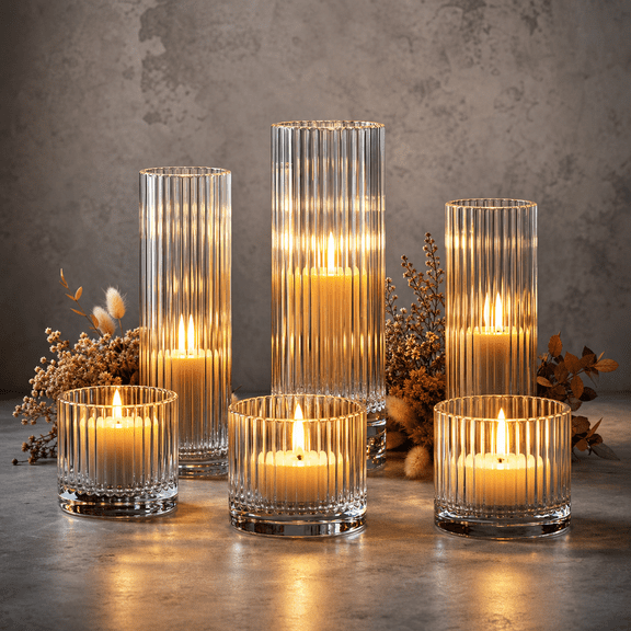 Ribbed Glass Hurricane Candle Holder 6 Count For Wedding Holiday Party Home Decor