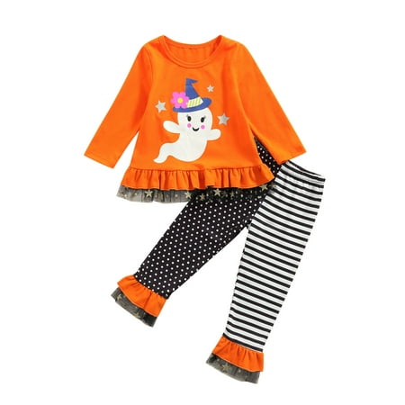 

Xingqing Halloween Clothes Sets Toddler Baby Girls Pumpkin Print Ruffles Tops Striped Dot Pants 2Pcs Outfits
