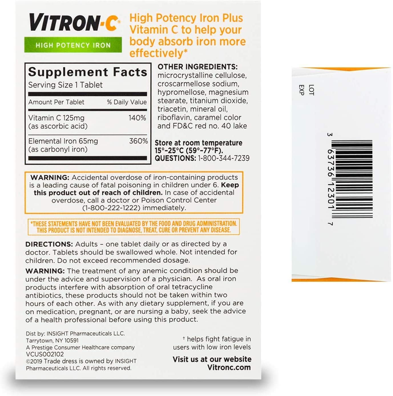 Vitron-C High Potency Iron Plus Vitamin C, Helps Absorb Iron, Gentle on Digestive System, Less Constipation, 60 Coated Tablets (pack of 3)