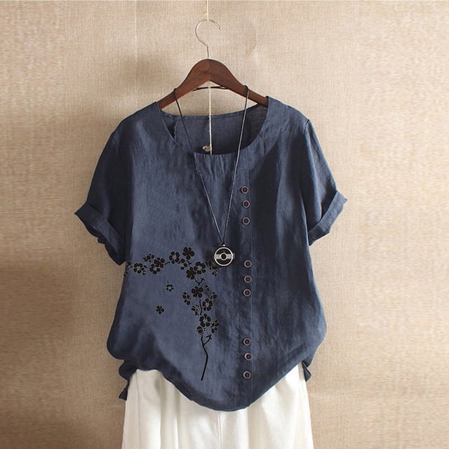 Fiudx Ofertas Flash Artículos En Oferta Camiseta de Verano con Cuello Redondo y Manga Corta para Mujer, Informal, con Botones Impresos