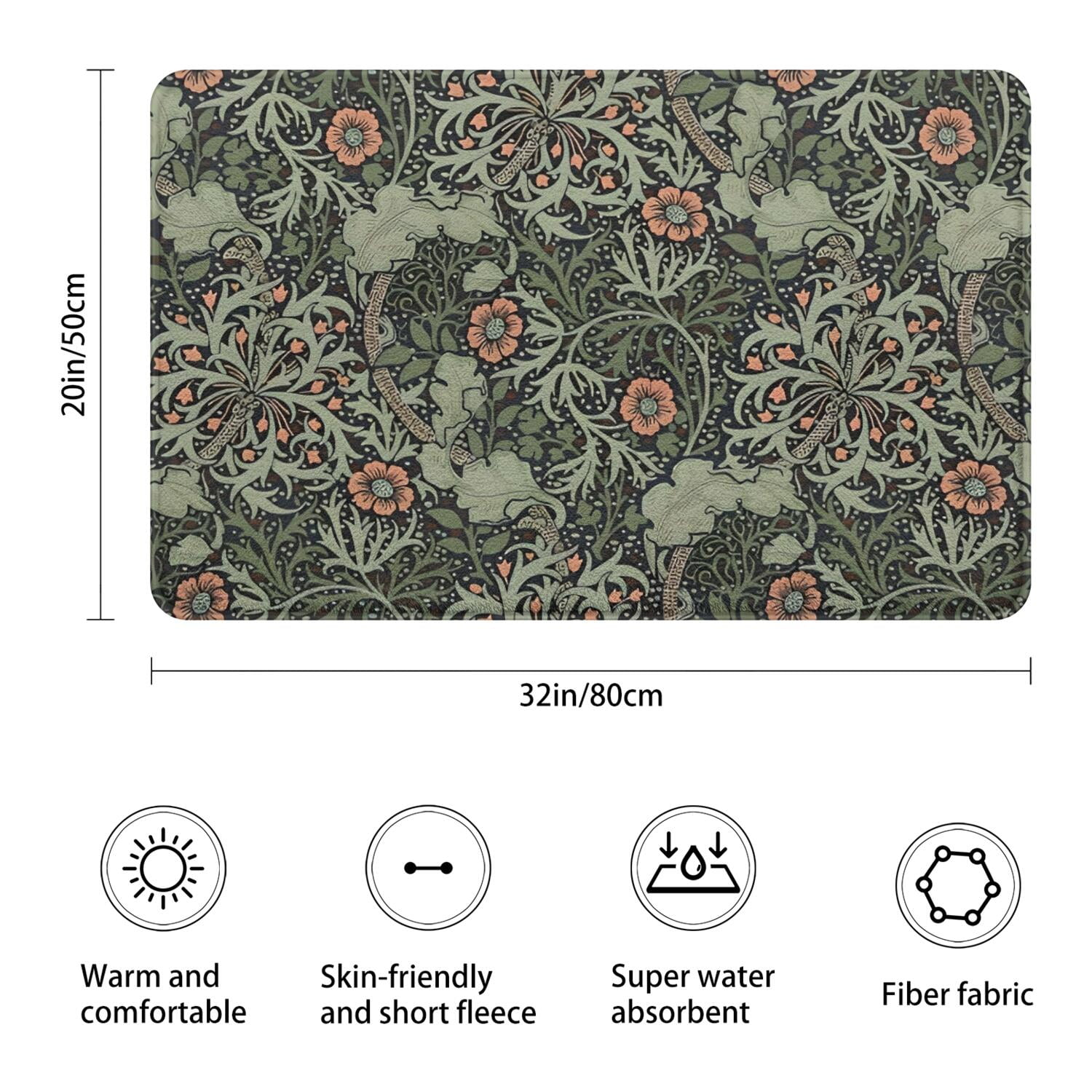 Green Pioneer Flower Pattern Bathroom Rugs Mat,Non Slip Microfiber Bathroom Rug,Rubber Backing,Soft Bathroom Mats for Bathroom Floor,Tub and Shower,20x32in(50x80cm)