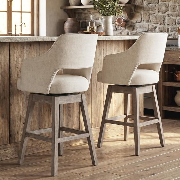 27 inch Counter Height Bar Stools Set of 2 for Kitchen Island, Linen Fabric 360° Swivel Barstools with Back, Wood Legs Upholstered Stool Chairs, Beige