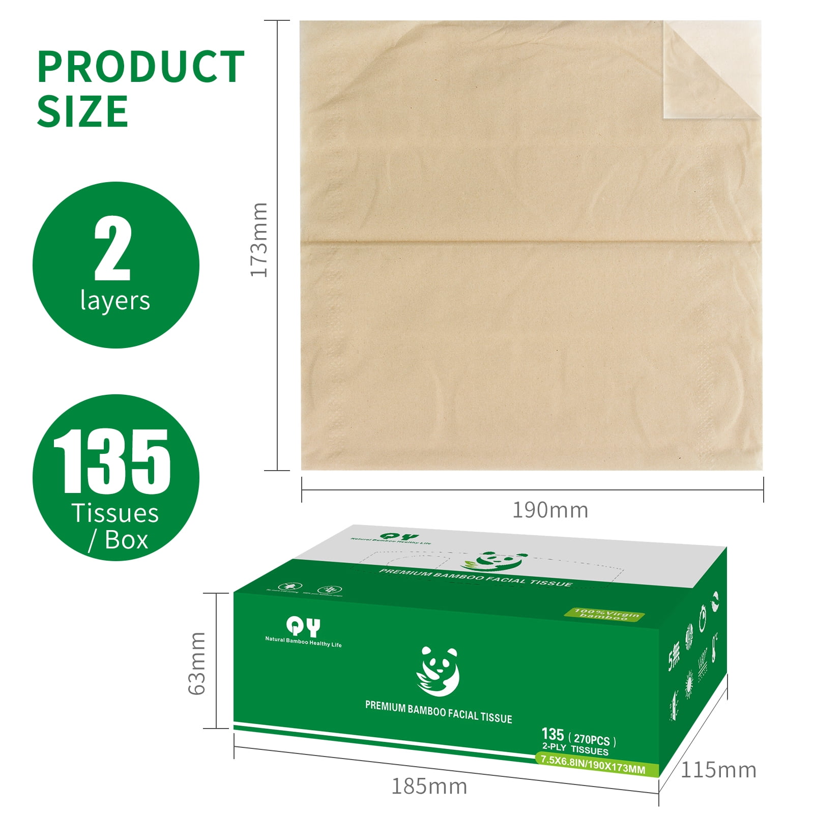 QingYa Premium Bamboo Facial Tissues, 12 Square Boxes,  135 Tissues per Box, Ultra Soft and Unbleached