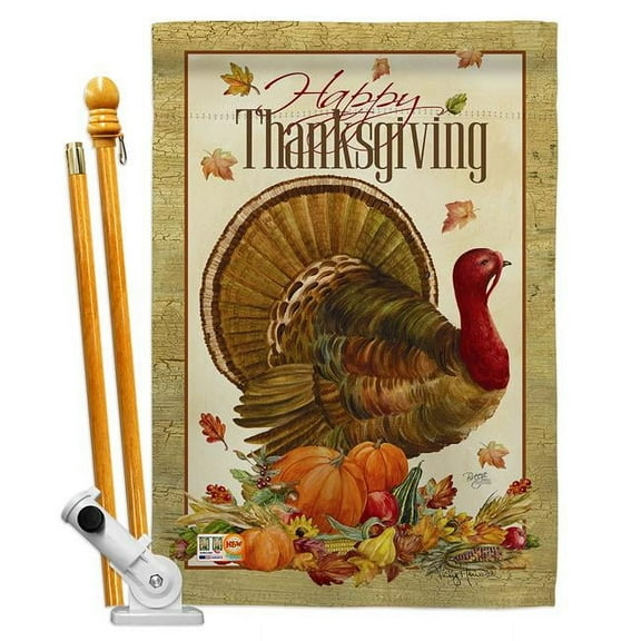Breeze Decor BD-TG-HS-113049-IP-BO-D-US12-AM 28 x 40 in. Thanksgiving Turkey Fall Impressions Decorative Vertical Double Sided House Flag Set with Pole Bracket Hardware