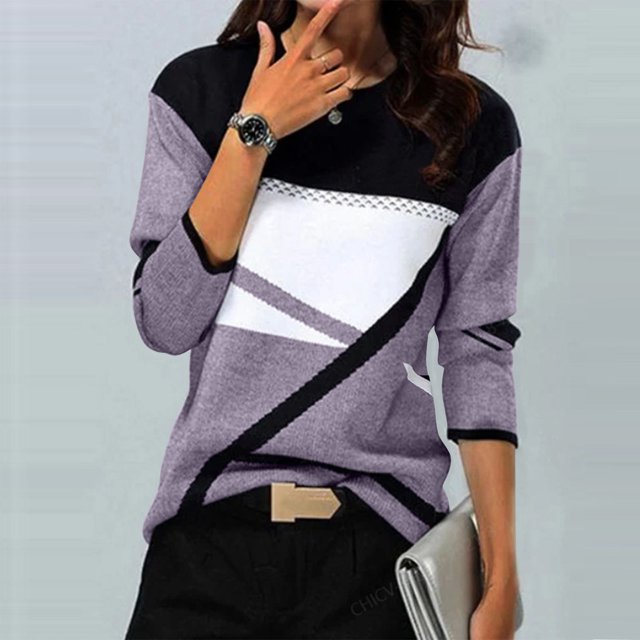 Meichang Hauts à Manches Longues pour Femmes Col Rond Pulls Doux d'Automne Pull Imprimé Géométrique Amusant Chemises Légères Tunique de Bureau