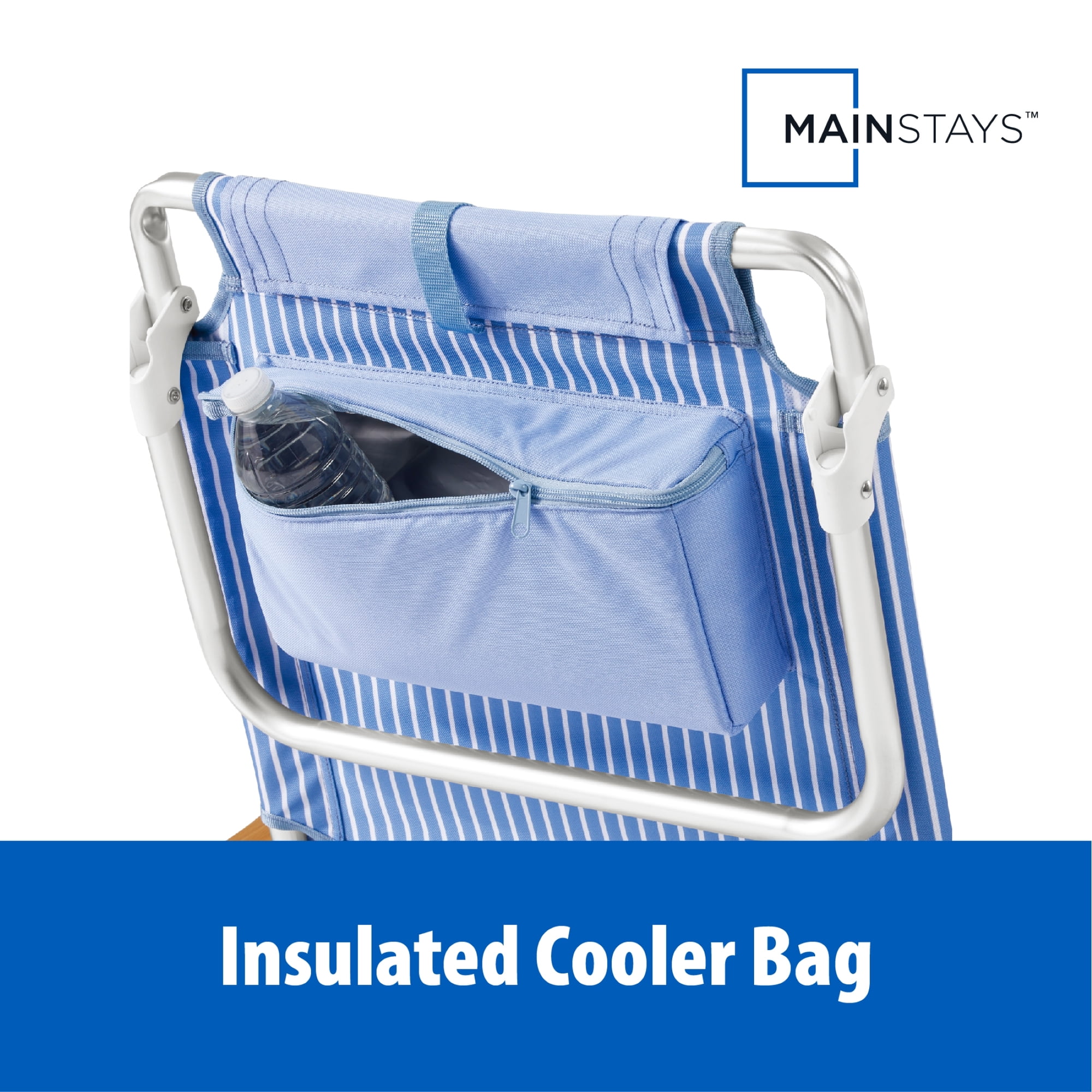 Mainstays Reclining Beach Chair with Backpack Straps and Wooden Armrests, Thin Blue Stripe
