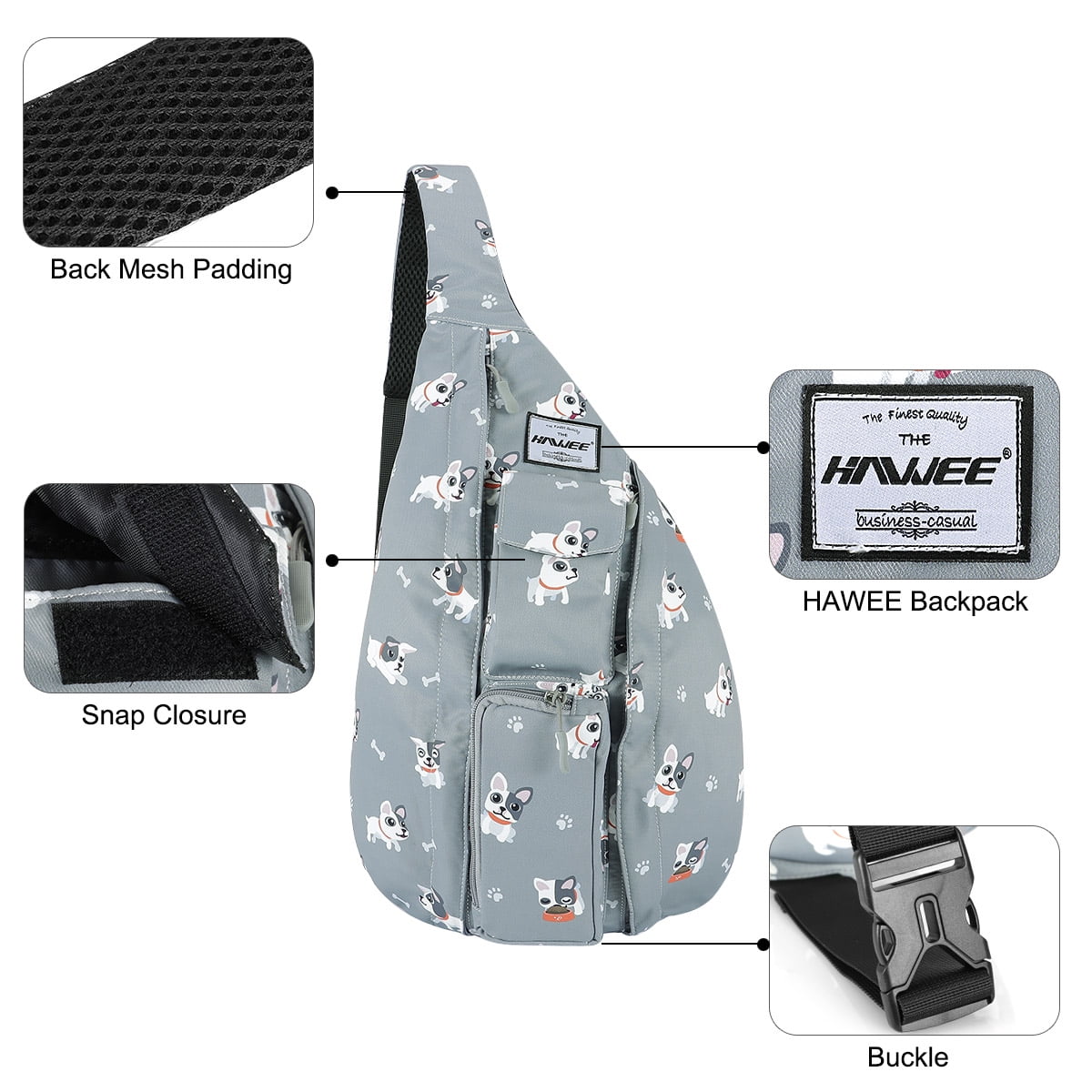HAWEE Sling Backpack Hiking Backpack Chest Sling Bag Sports Travel Crossbody Daypack for Women, Grey + White Dog