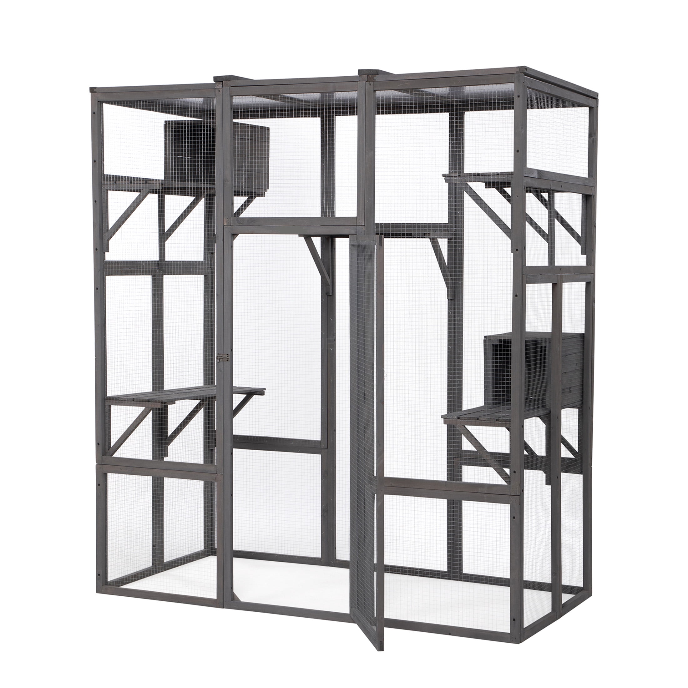 JERFIT Large Outdoor Cat Enclosure with Roof, Multi-Level Indoor/Outdoor Cat Cage Playpen with Lockable Door, Wooden Catio for Multiple Cats, Gray