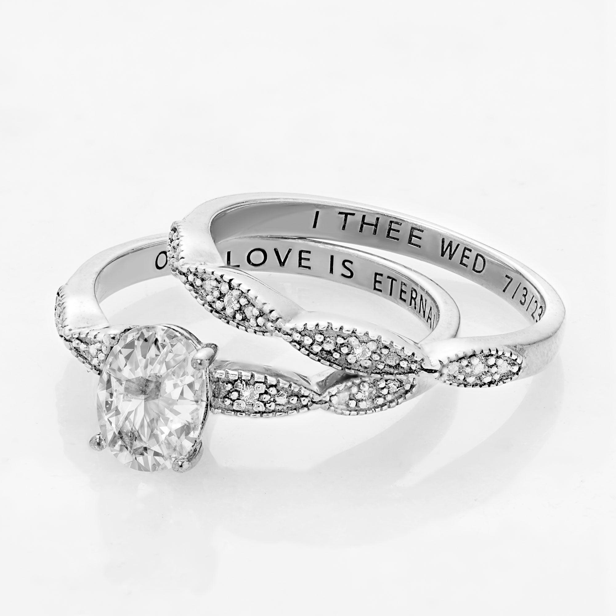 Vow & Forever Personalized Planet Bridal Platinum over Sterling Silver Oval White Topaz Diamond Accent 2-Piece Engraved Wedding Ring Set ,Women's