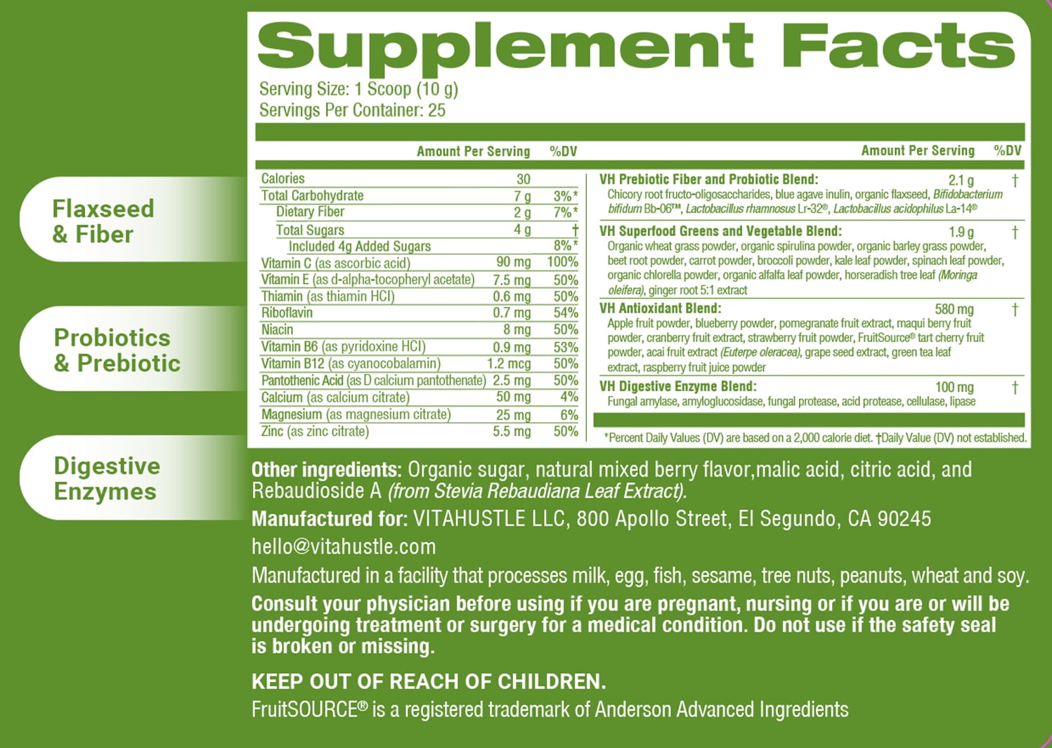 VitaHustle ONE Superfood Greens Powder, Probiotics, Mixed Berry, 25 Servings