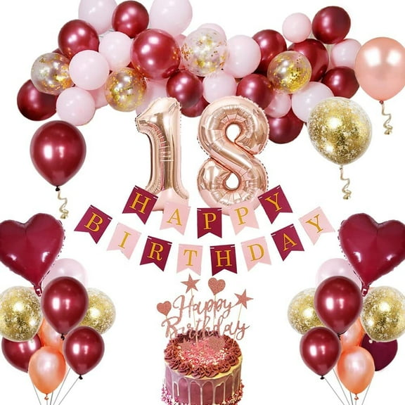 MMTX 18th Birthday Girl Burgundy Balloon Decoration with Cake Topper Heart Balloons Wine Red Rose Gold Confetti Balloons for Girls Woman18th Birthday Anniversary