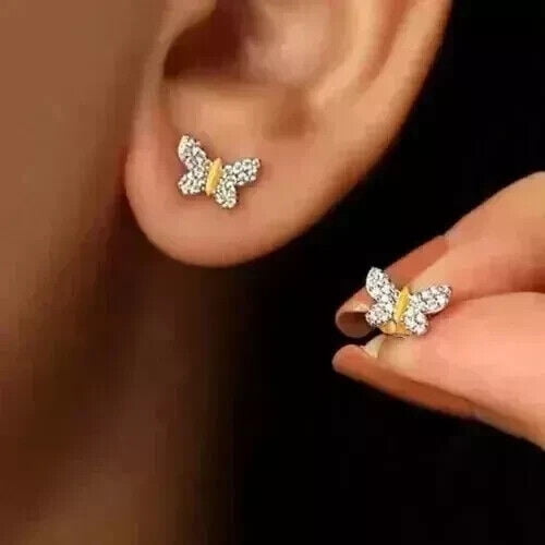1Ct Round Cut Lab-Created Diamond Butterfly Stud Earring 14K Yellow Gold Plated