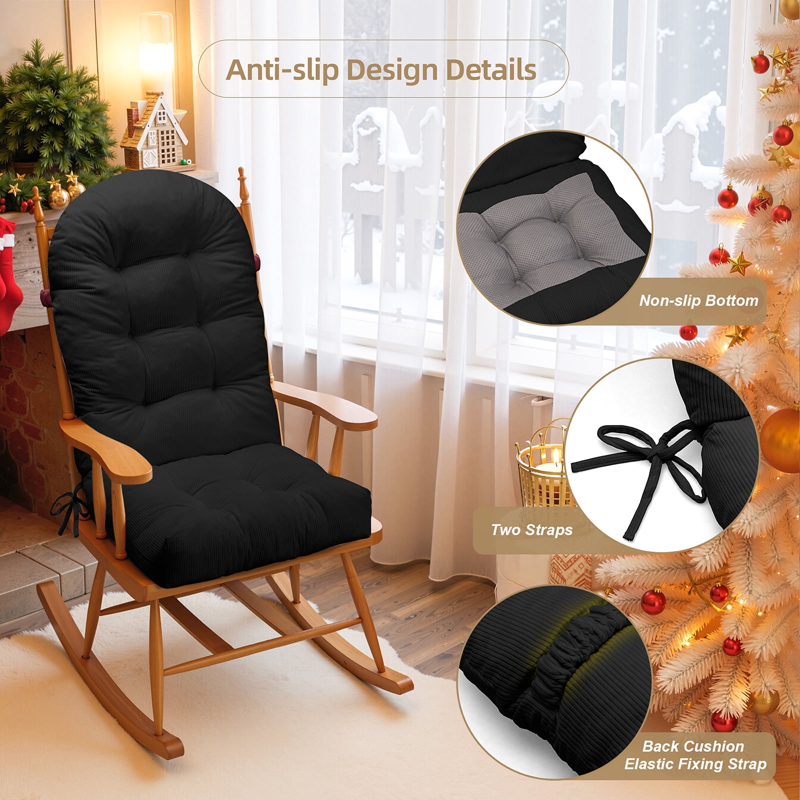 Millsilo Rocking Chair Cushion Set 44" x 19" x 4", High Back Tufted Cushion, Soft Breathable Corduroy Fabric, Non-Slip, Black