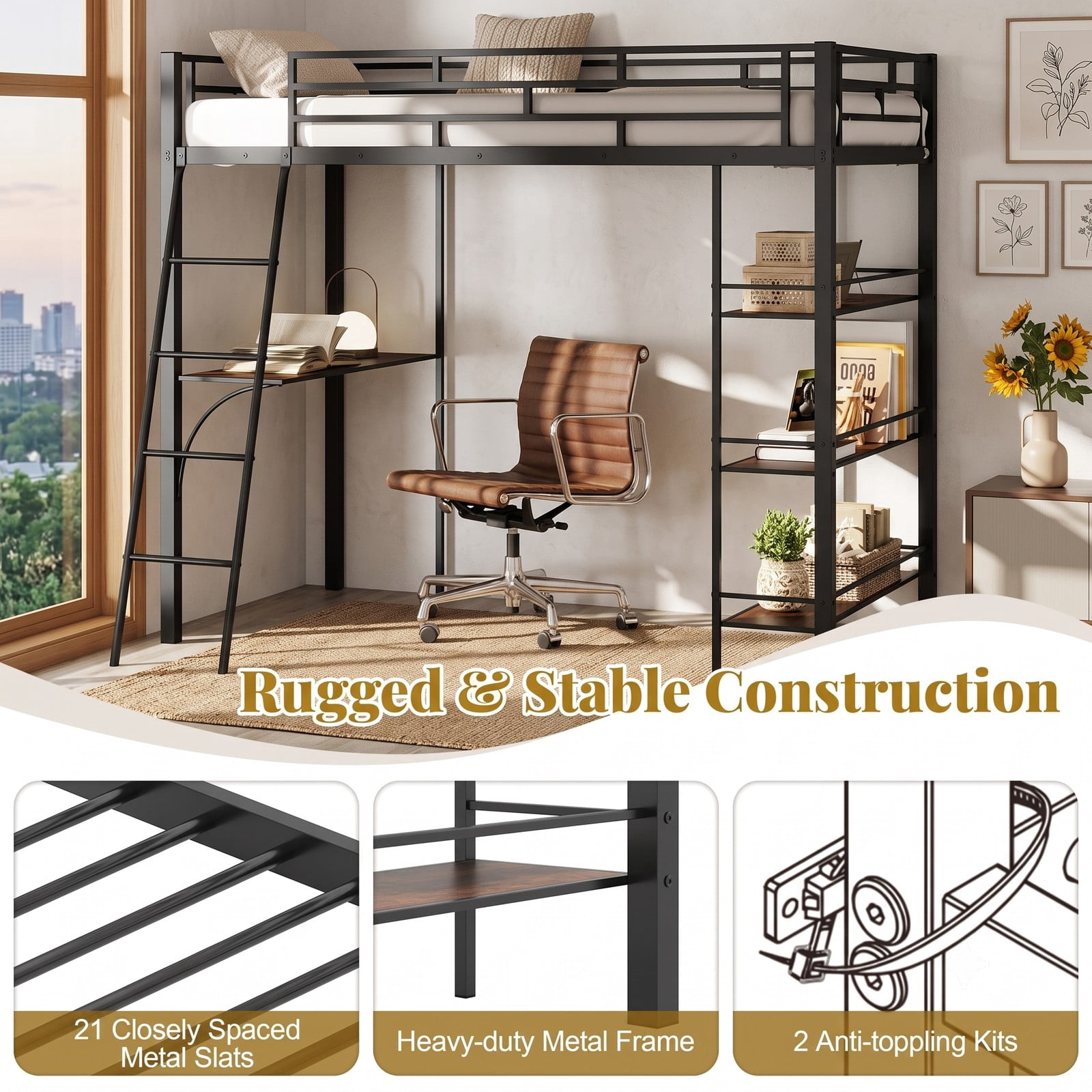 Furnibear Twin Size Loft Bed with Desk and 3-Tier Shelves for Kids and Home, Space-Saving Metal Loft Bed Frame with Ladder and Guardrails, Black