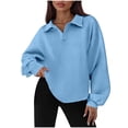 thumbnail image 3 of BiZtdJrK Women's Loose Sweatshirts Lapel V Neck Long Sleeve Pullover Sweatshirt Drop Shoulder Solid Casual Fall Tops Blue M, 3 of 7