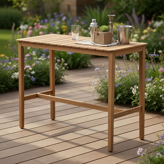 Yardi Yard Acacia Wood Counter Height Table, Patio Bar Furniture with Slatted Tabletop and Footrest Crossbar for Outdoor as Yard, Brown