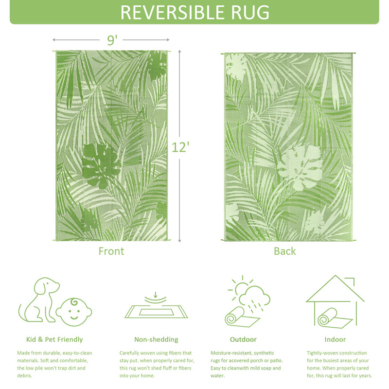 Aonewoe Outdoor Rug 9x12 Waterproof Reversible Plastic Straw Camping Rugs for Outside RV, Indoor Outdoor Area Rugs for Patio,Deck,Porch,Balcony, Light Green & White