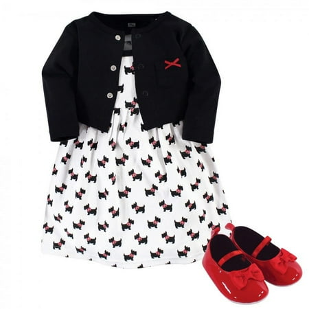 UPC: 0660168538359 | Hudson Baby Infant Girl Cotton Dress  Cardigan and Shoe 3pc Set  Scottie Dog  0-3 Months