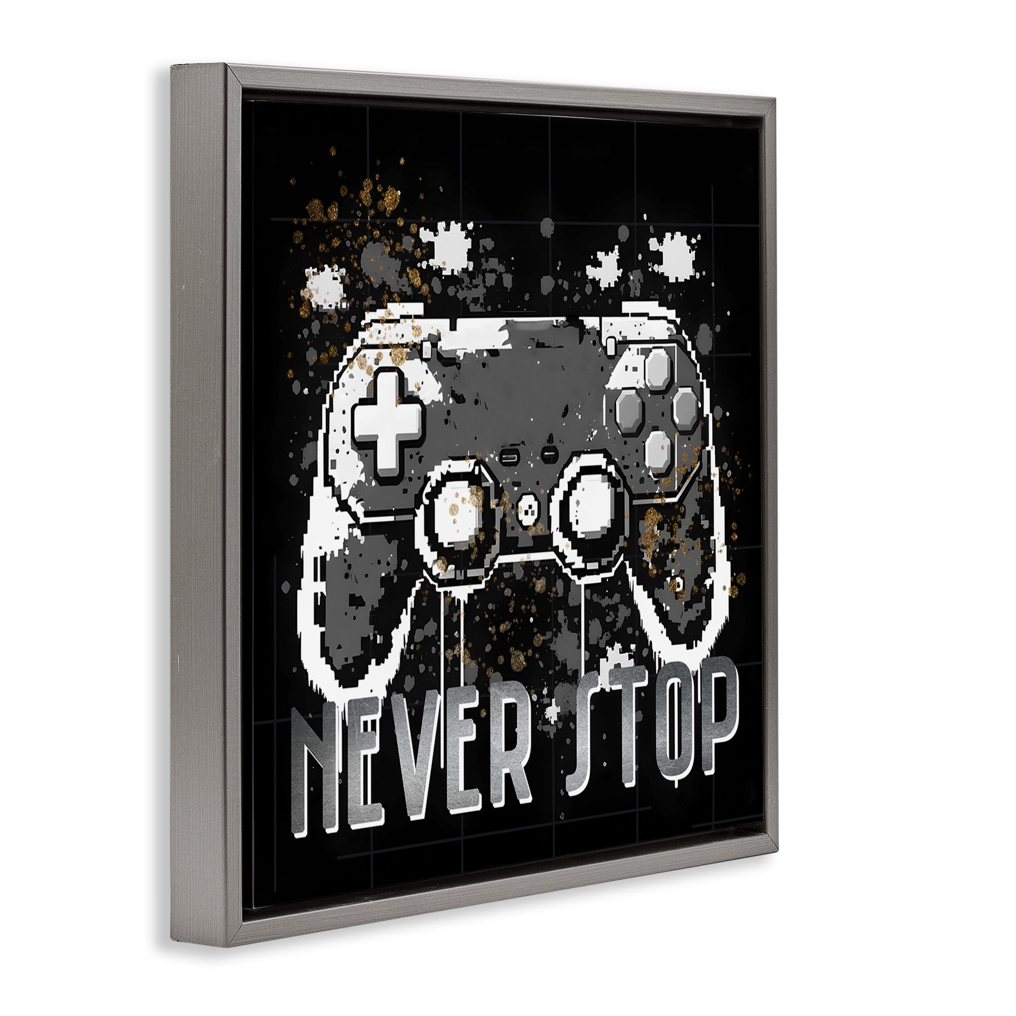 Stupell Industries Never Stop Pixel Controller Entertainment Painting Gray Floater Framed Canvas Art Print Wall Art, 25 x 25