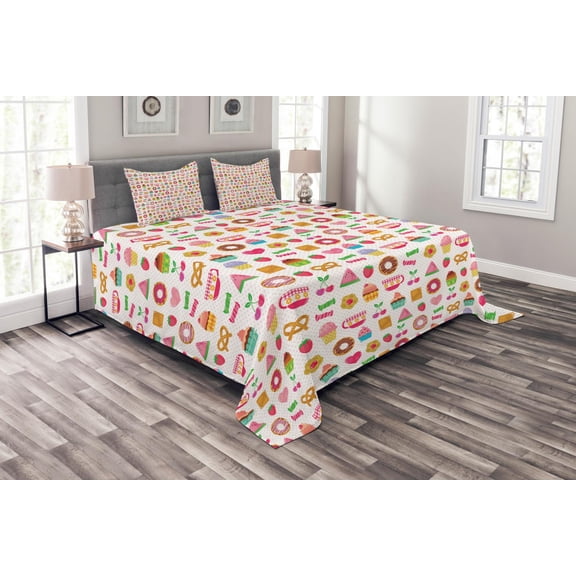 Ambesonne Tea Party Quilted Bedspread Set 3 Pcs, Candies Cookies, Queen Size, Multicolor